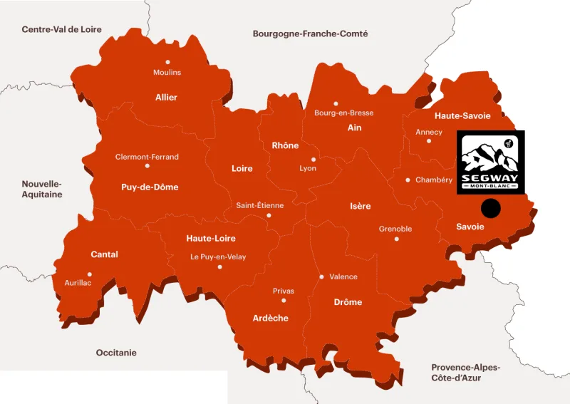 Carte de la région Auvergne-Rhône-Alpes : Segway Mont-Blanc est installé à Cevins, en Savoie, et livre dans toute la région